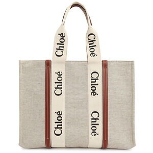 Chloe Woody tote bag linen blend brown calfskin trim
